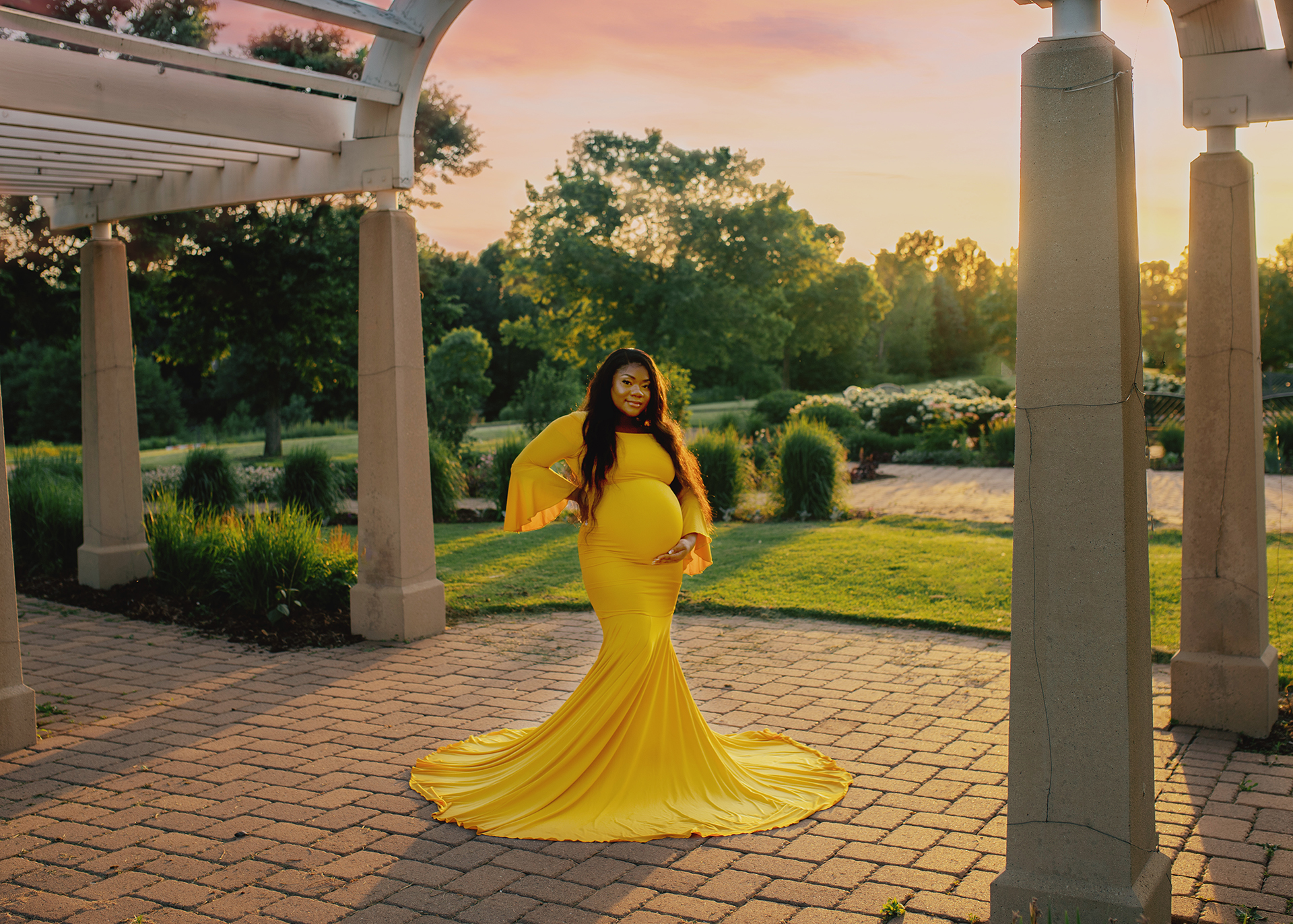 chicaboo sunflower yellow mermaid gown with bell sleeves at Longfellow Gardens in Minneapolis MN