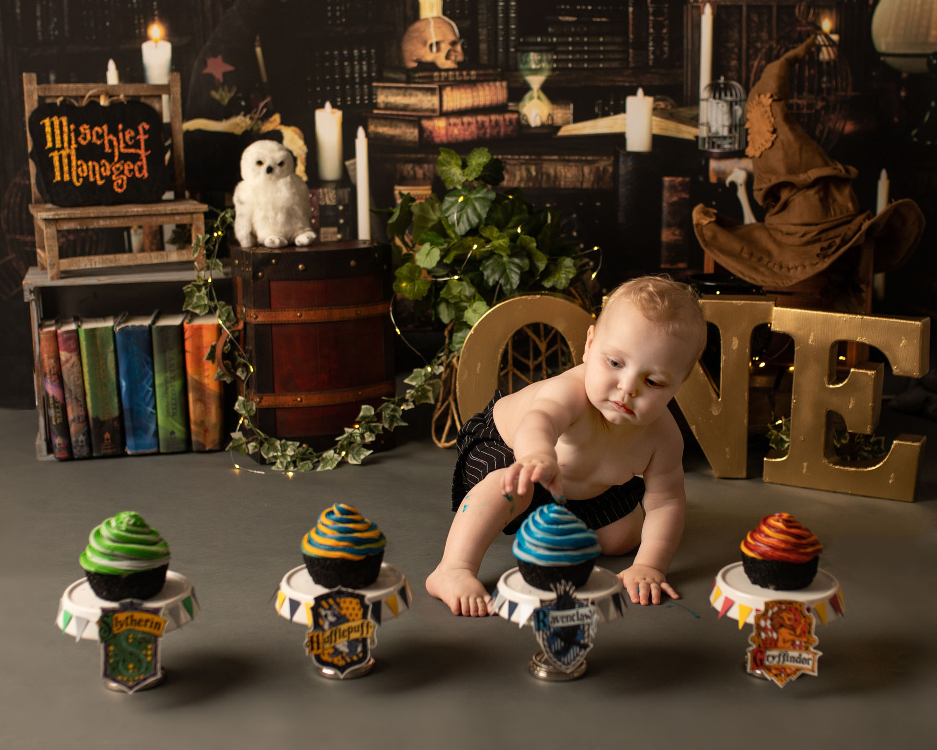 one year cake smash harry potter house sorting picking ravenclaw minneapolis baby photographer
