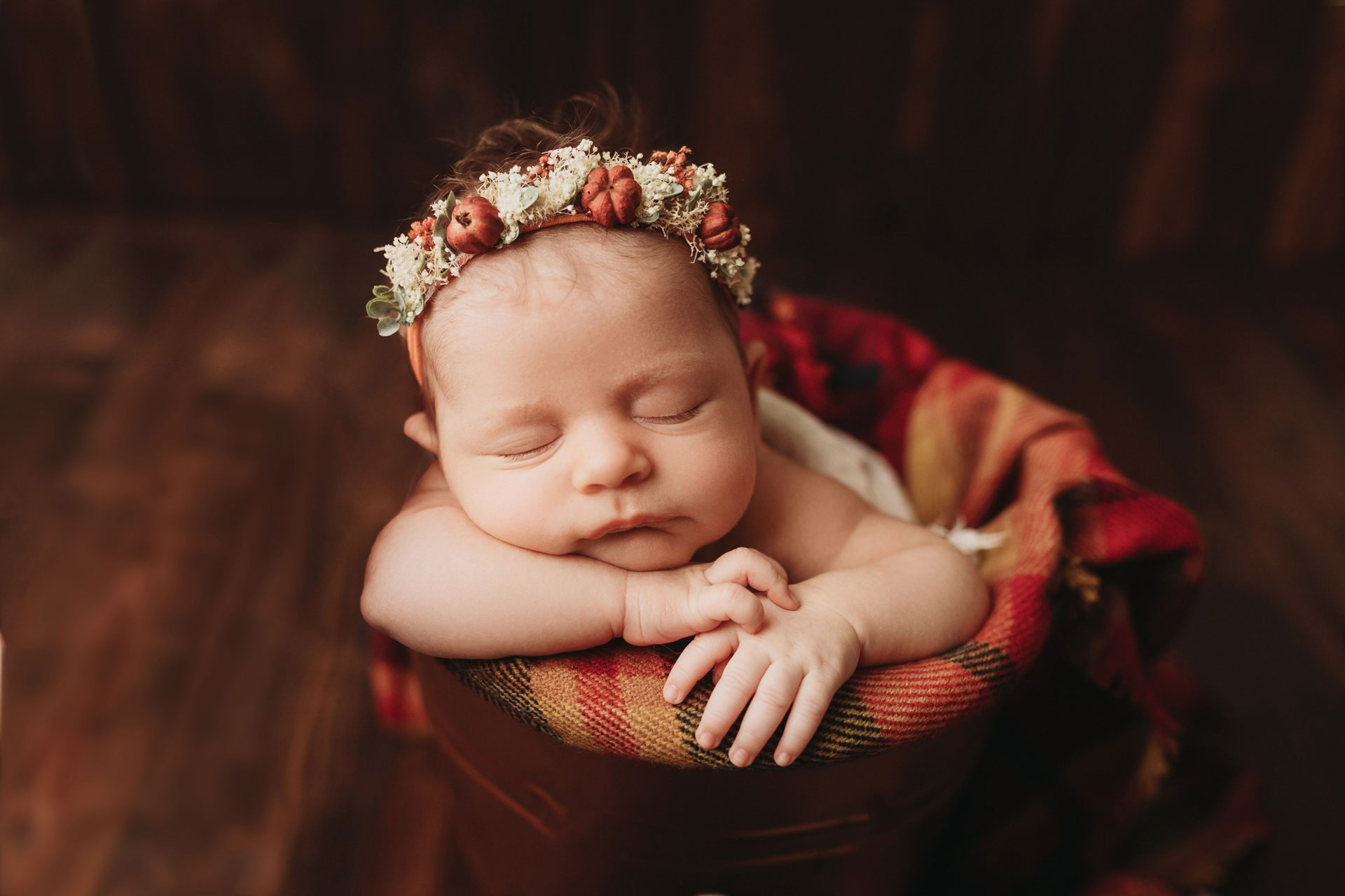 baby girl in bucket with plaid layer and pumpkin tieback newborn photographer minneapolis
